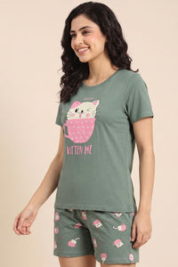 Zivame Farm Lore Knit Cotton Short Set - Iceberg Green — thumbnail 4